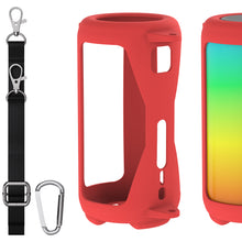 画像をギャラリービューアに読み込む, Geekria シリコーン スピーカーケース カ 互換性カバー ジェイビーエル JBL Pulse 5に 対応 保護用の防水ソフトスキン、Bluetoothスピーカーケース、キーホルダーフック付き ショルダーストラップ付き (赤)